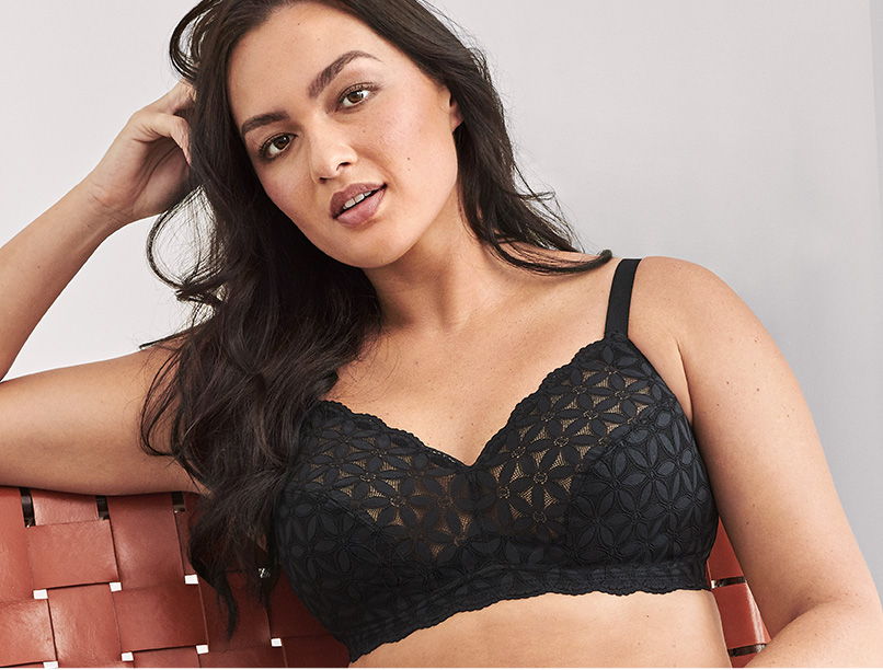 Woman wears a black DD+ bra